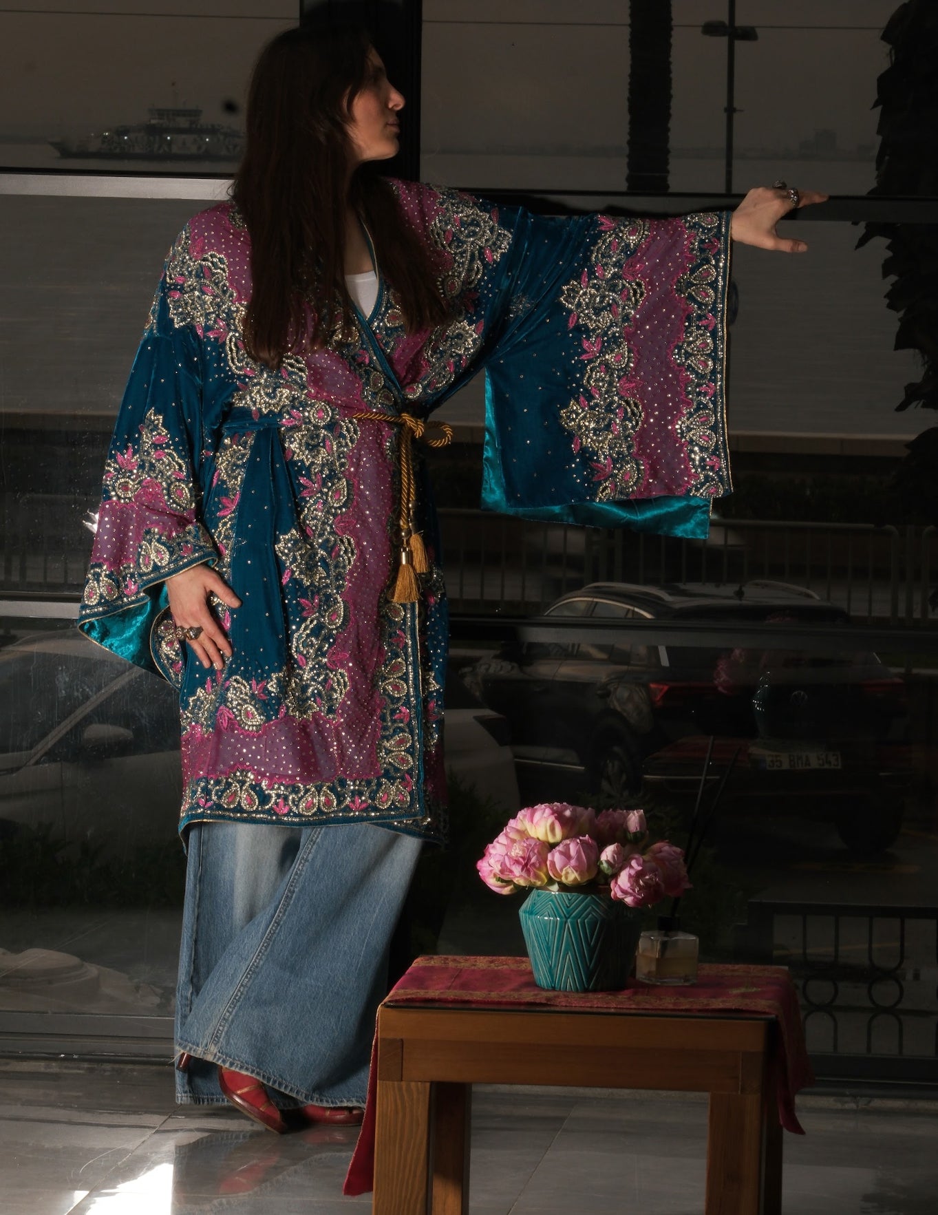 Taşlı Mavi Astarlı Kimono