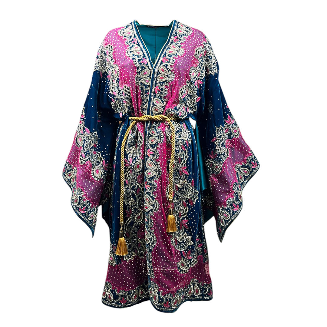 Taşlı Mavi Astarlı Kimono